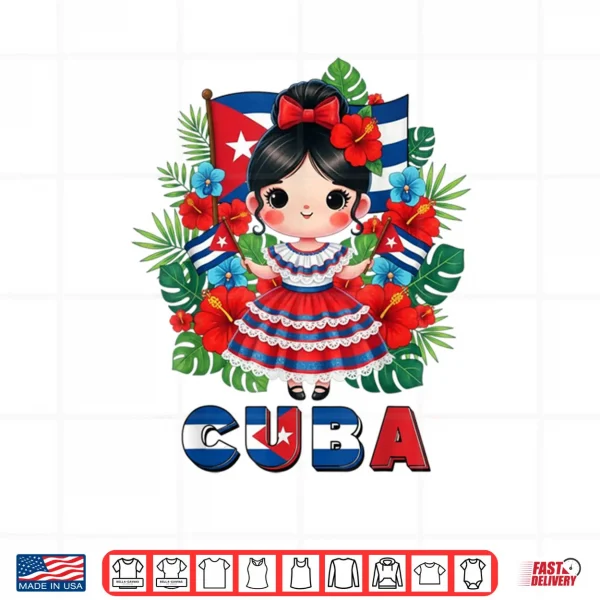 Design Cute Cuba Cuban Girl Traditional Dress Tropical Flowers Shirt