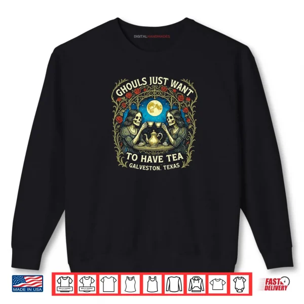 Sweatshirt Victorian Ghostly Skeleton Ladies Drinking Tea Halloween Shirt