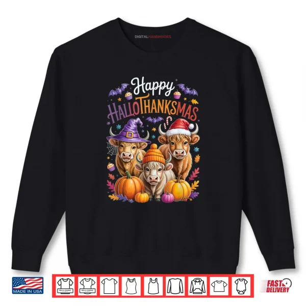 Sweatshirt HalloThanksMas Halloween Thanksgiving Christmas Highland Cow Shirt