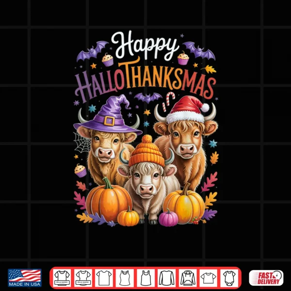 Design HalloThanksMas Halloween Thanksgiving Christmas Highland Cow Shirt
