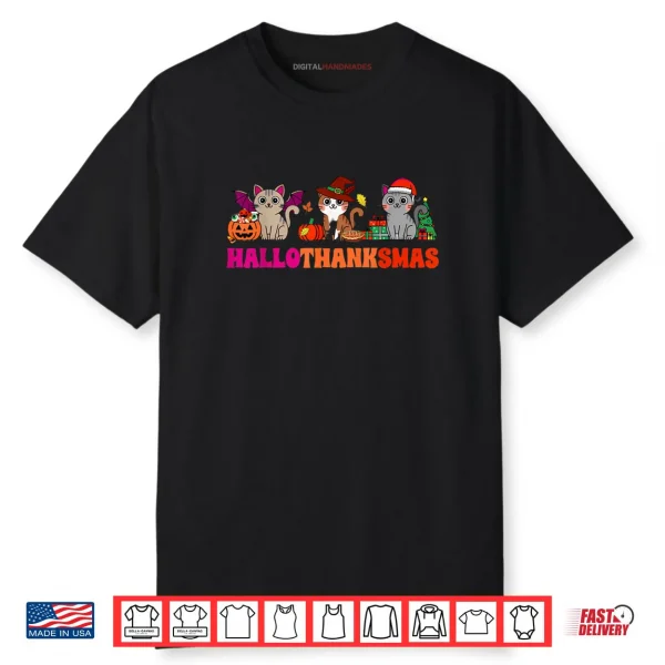 Halloween Thanksgiving Christmas Happy HalloThanksMas Cats Shirt