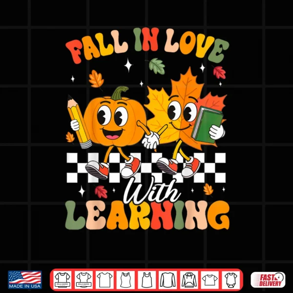 Design Retro Fall in Love with Learning Autumn Leaf Pumpkin Teacher Shirt