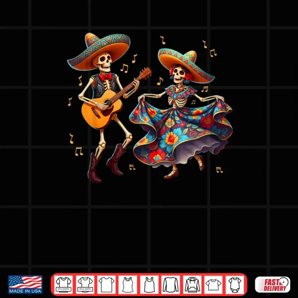 Design Dia De Los Muertos Dancing Skeletons Guitar Day of The Dead Shirt