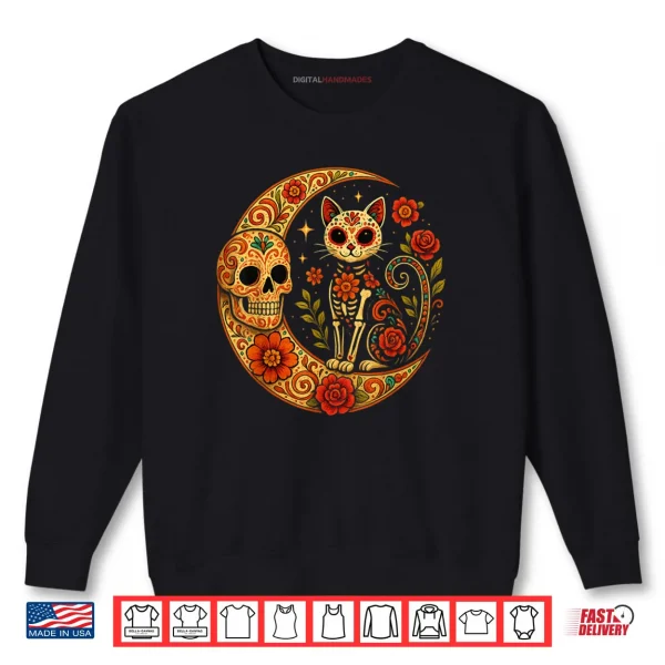 Sweatshirt Sugar Skull Cat Moon Dia de Los Muertos Funny Halloween Cat Shirt