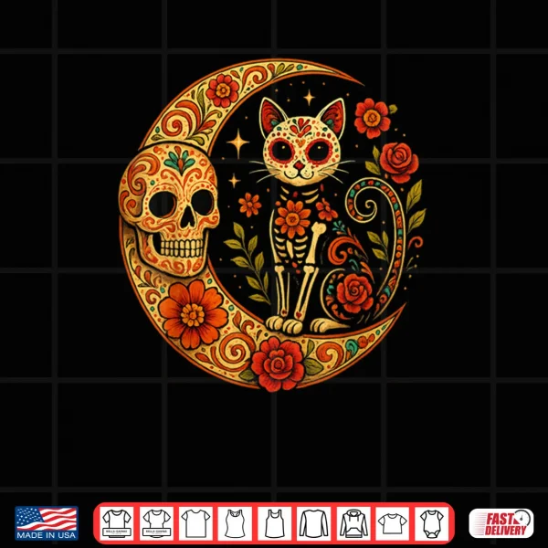 Design Sugar Skull Cat Moon Dia de Los Muertos Funny Halloween Cat Shirt