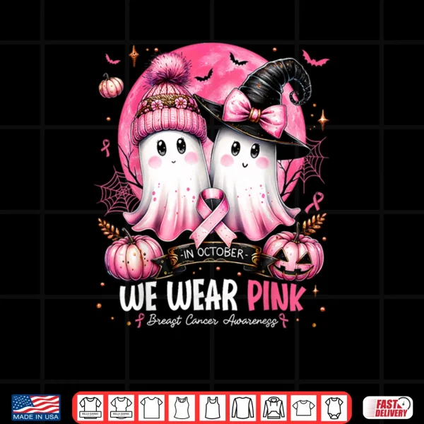 Design In October We Wear Pink Ghost Witch Breast Cancer Awareness Shirt