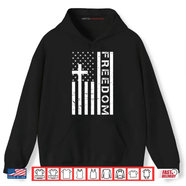 Hoodie Red Freedom American Flag and Cross Faith Family Freedom Shirt
