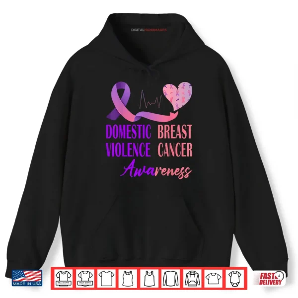 Hoodie Domestic Violence Breast Cancer Awareness Heartbeat Ribbon Shirt