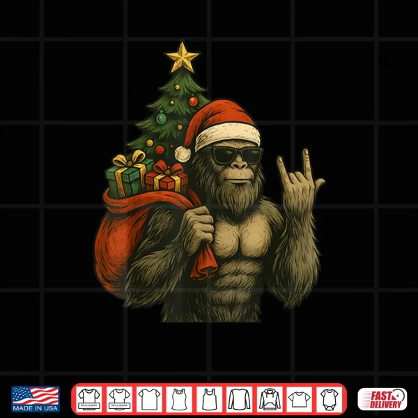 Design Bigfoot Santa Christmas Tree Rock On Funny Xmas Sasquatch Shirt