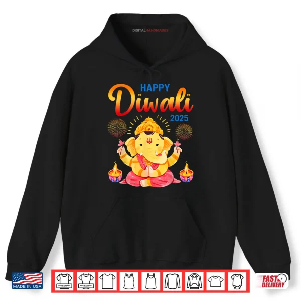 Hoodie Happy Diwali 2025 Elephant Lamp Rangoli Diya Indian Family Shirt