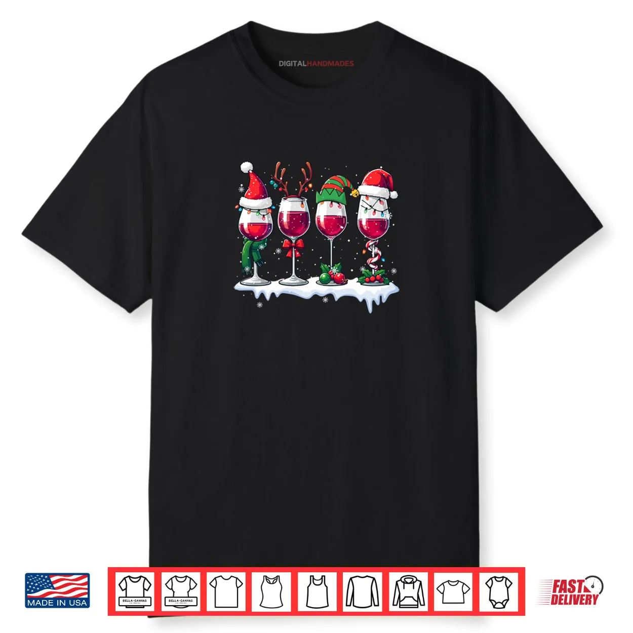 Three Santa Elf Reindeer Wine Glasses Christmas Drinker Shirt Three Santa Elf Reindeer Wine Glasses Christmas Drinker Shirt