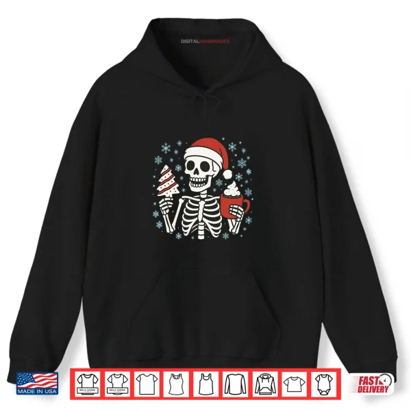 Hoodie Christmas Skeleton Santa Skeleton with Hot Cocoa Tree Cake Long Shirt