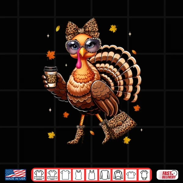 Design Leopard Turkey Drinking Coffee Thanksgiving Turkey Day Shirt