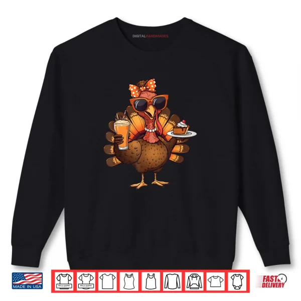 Sweatshirt Turkey Drinking Coffee Bow Thanksgiving Turkey Day Shirt