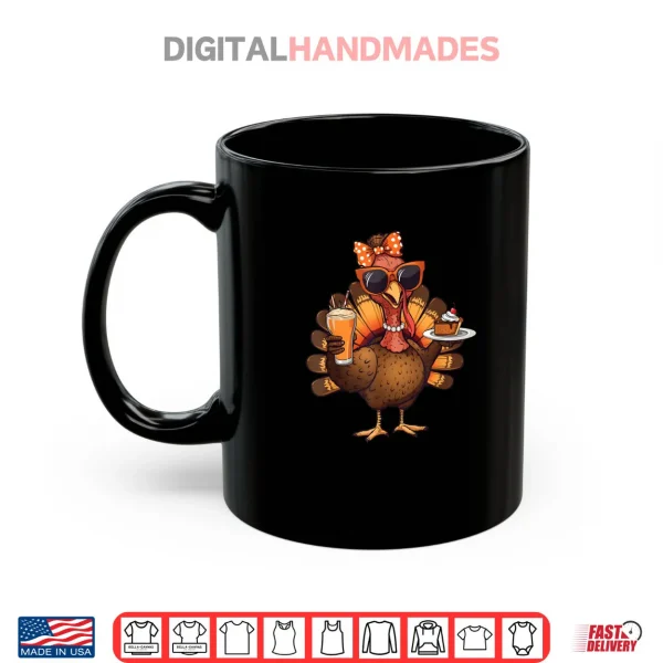Mug Turkey Drinking Coffee Bow Thanksgiving Turkey Day Shirt